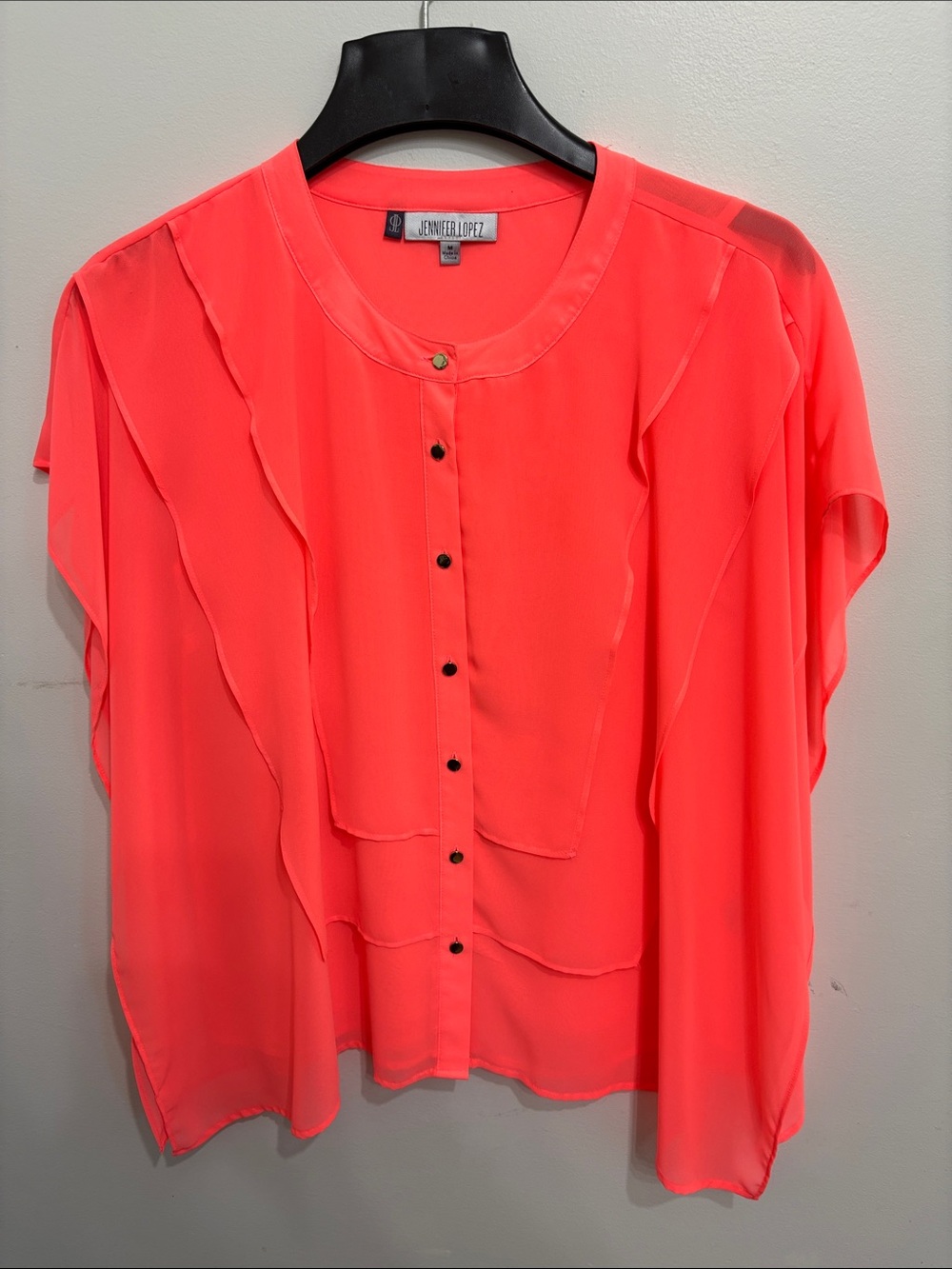 Jennifer Lopez Neon Coral Ruffle-Panel Button Blouse